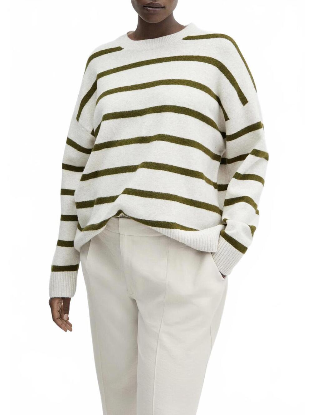 Mango Round-Neck Striped Sweater Marini Khaki Green NWT 1XL